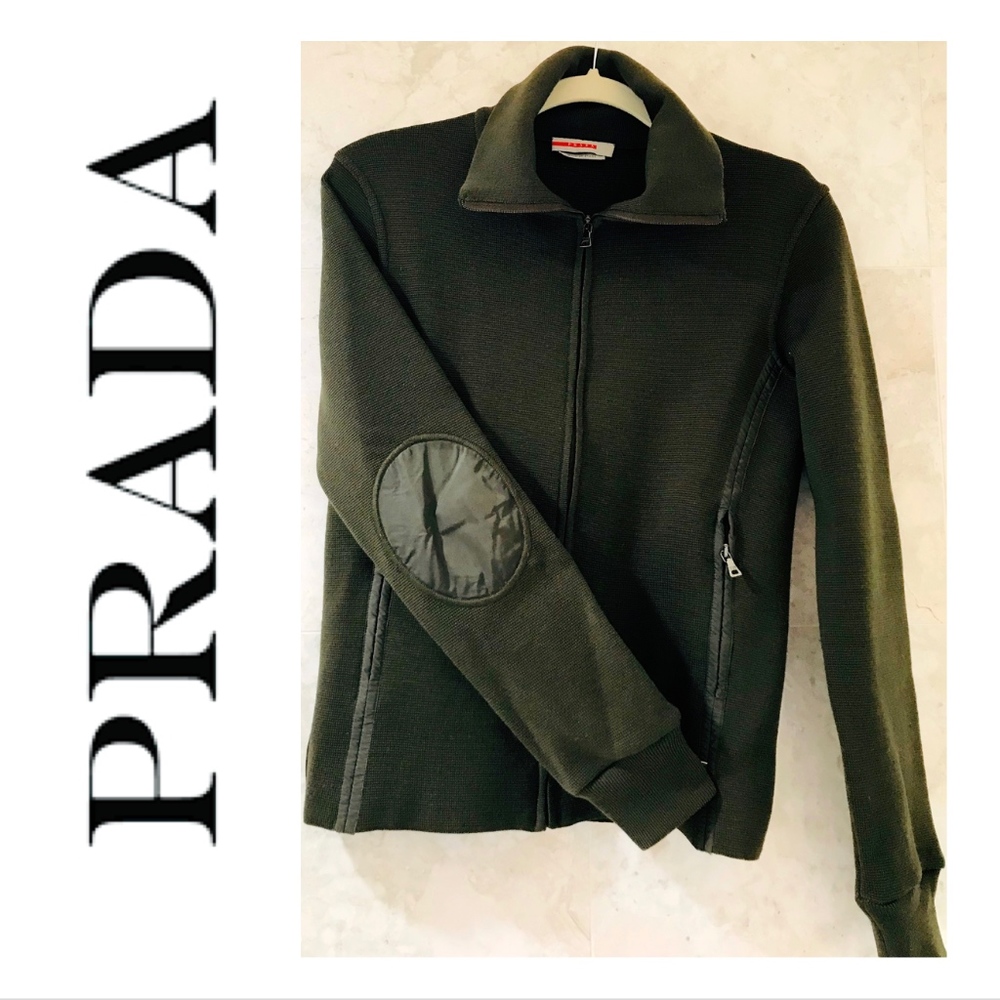 Prada Olive Green Zip-Front Knit Jacket